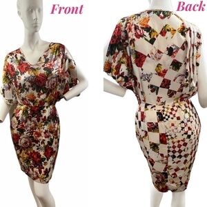 PAUL Smith 100% Silk Multi Pattern Floral Batwing Sleeve Sheath Dress Sz 6 / 8